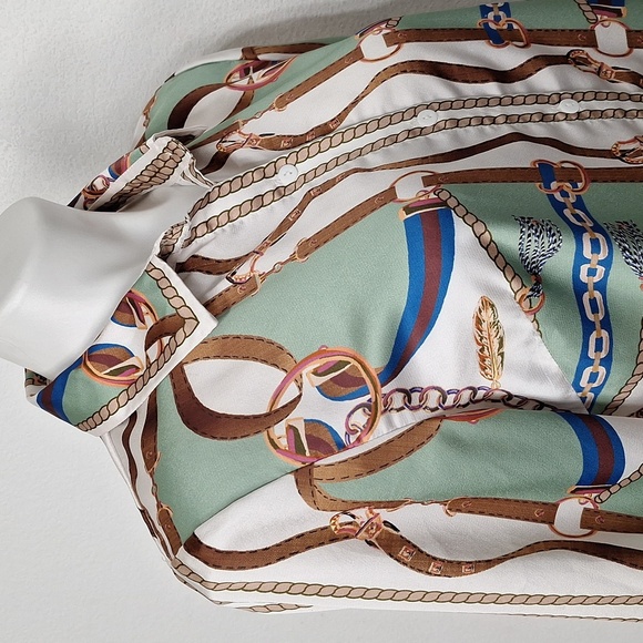 Her Bottari Sage Green Multicolor Western Chain Rope Button Down Blouse Size M - Picture 5 of 12